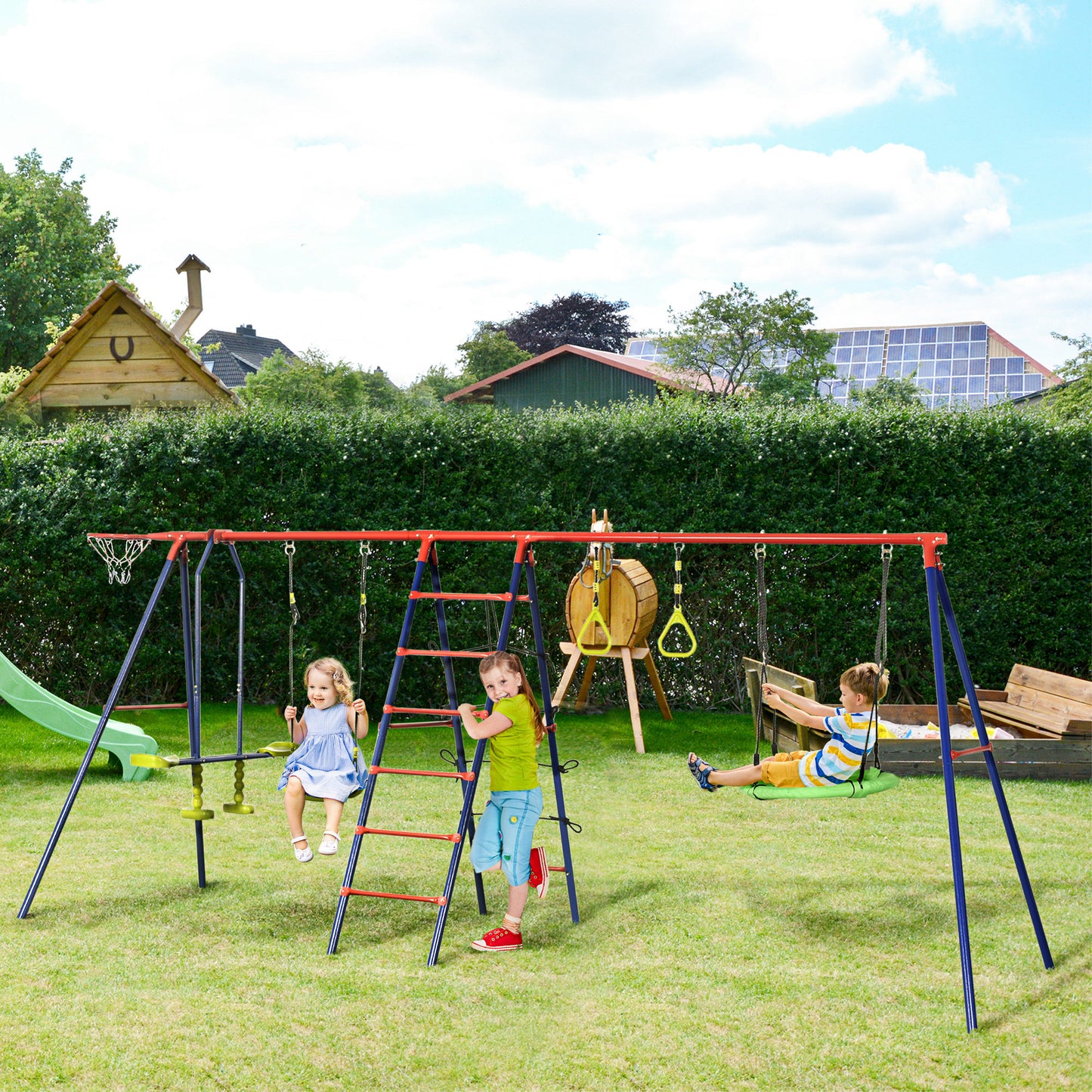 outsunny-6-in-1-metal-garden-swing-set-kids-swings-with-double-swings-climbing-frame-glider-trapeze-bar-basketball-hoop