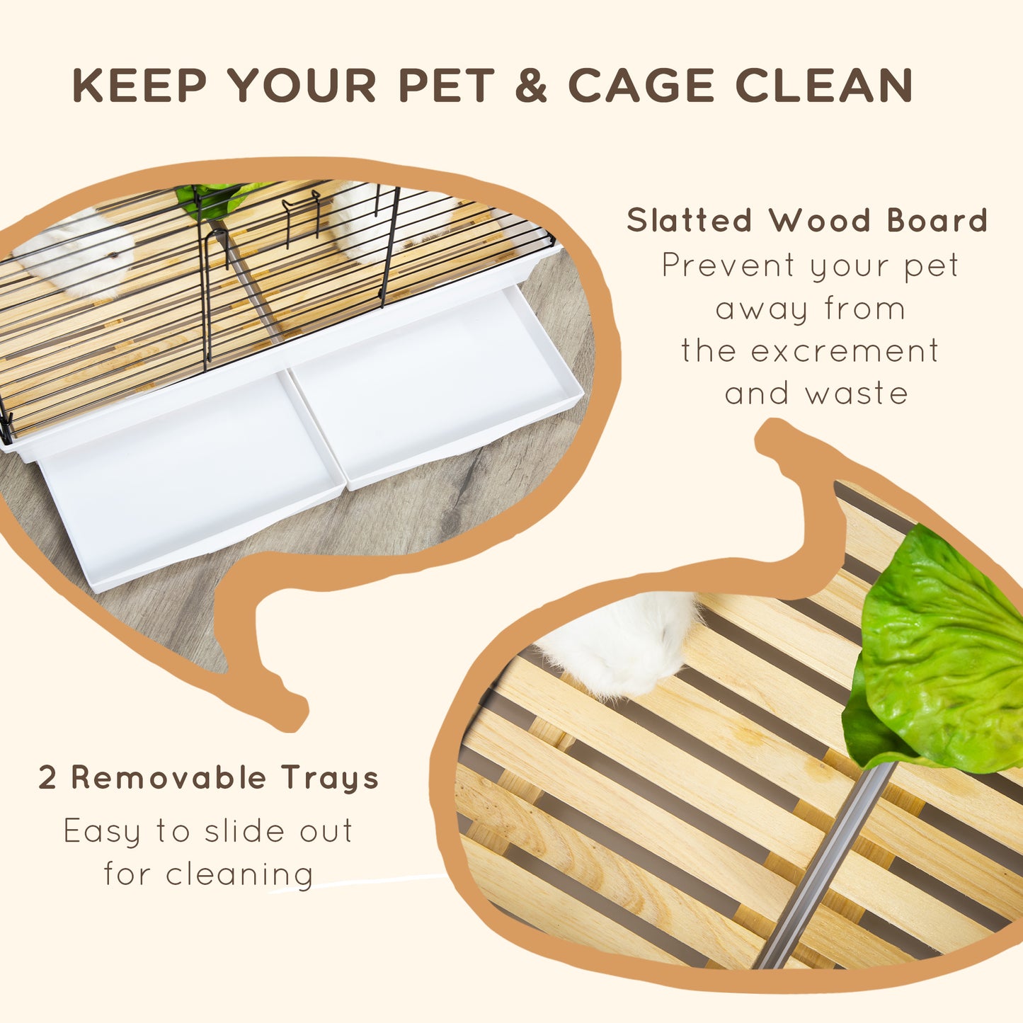 PawHut Indoor Small Animal Cage with Wood Floor, Bunny Guinea Pig House with Removable Tray, 61.5 x 38 x 40 cm, White