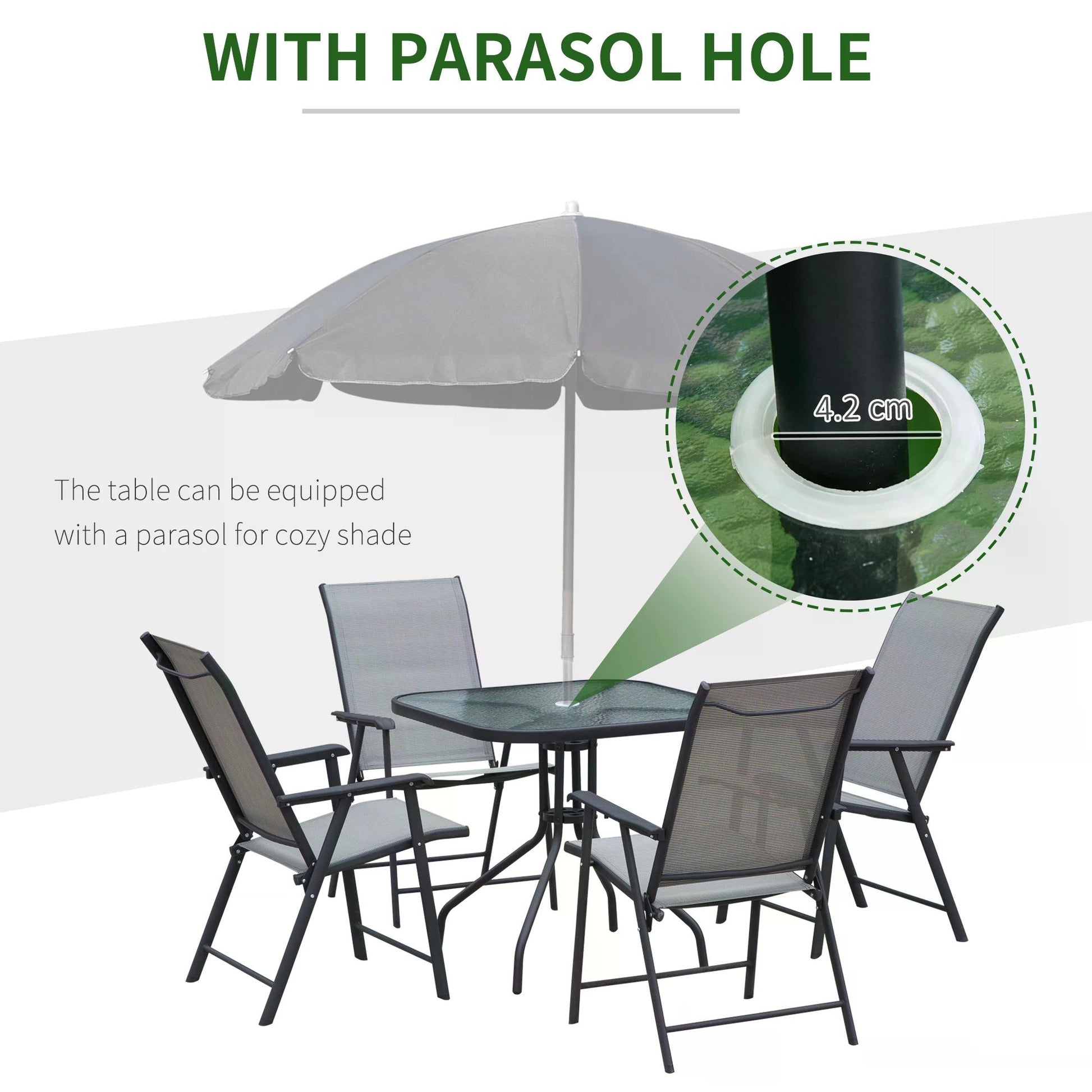 outsunny-5pcs-classic-outdoor-dining-set-steel-frames-w-4-folding-chairs-glass-top-table-texteline-seats-parasol-hole-garden-dining-black-grey