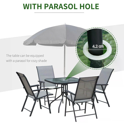 outsunny-5pcs-classic-outdoor-dining-set-steel-frames-w-4-folding-chairs-glass-top-table-texteline-seats-parasol-hole-garden-dining-black-grey