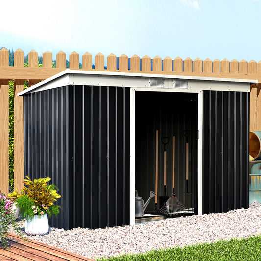 outsunny-9-x-4-ft-metal-garden-storage-shed-patio-corrugated-steel-roofed-tool-box-with-base-kit-ventilation-and-doors-dark-grey