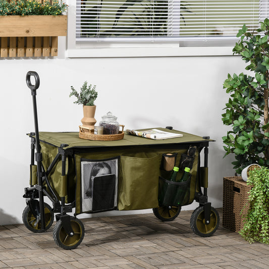 outsunny-folding-garden-trolley-on-wheels-collapsible-camping-trolley-with-folding-board-outdoor-utility-wagon-with-steel-frame-oxford-fabric-green