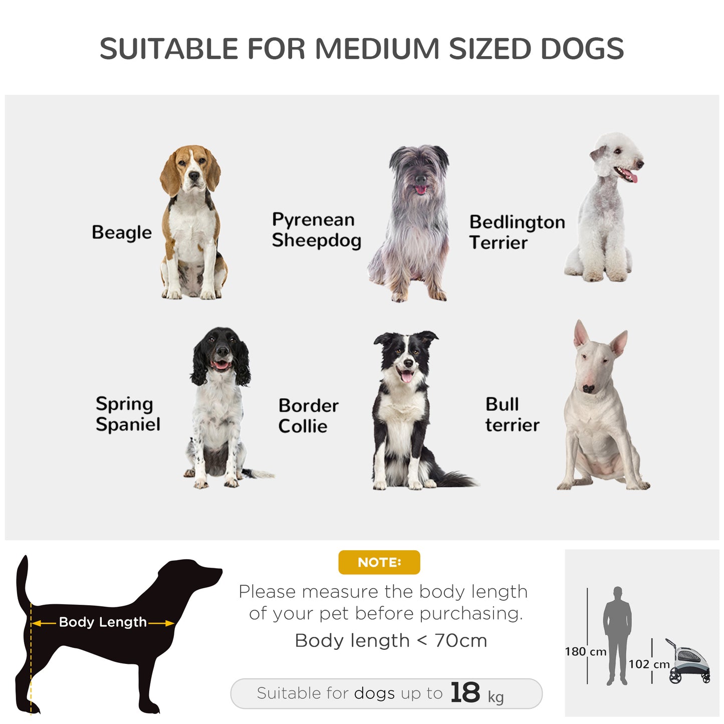 PawHut Pet Stroller for Medium Dogs Cat Pushchair Buggy Pram with 4 Wheels Safety Leash Zipper Doors Mesh Windows Storage Bag, Grey