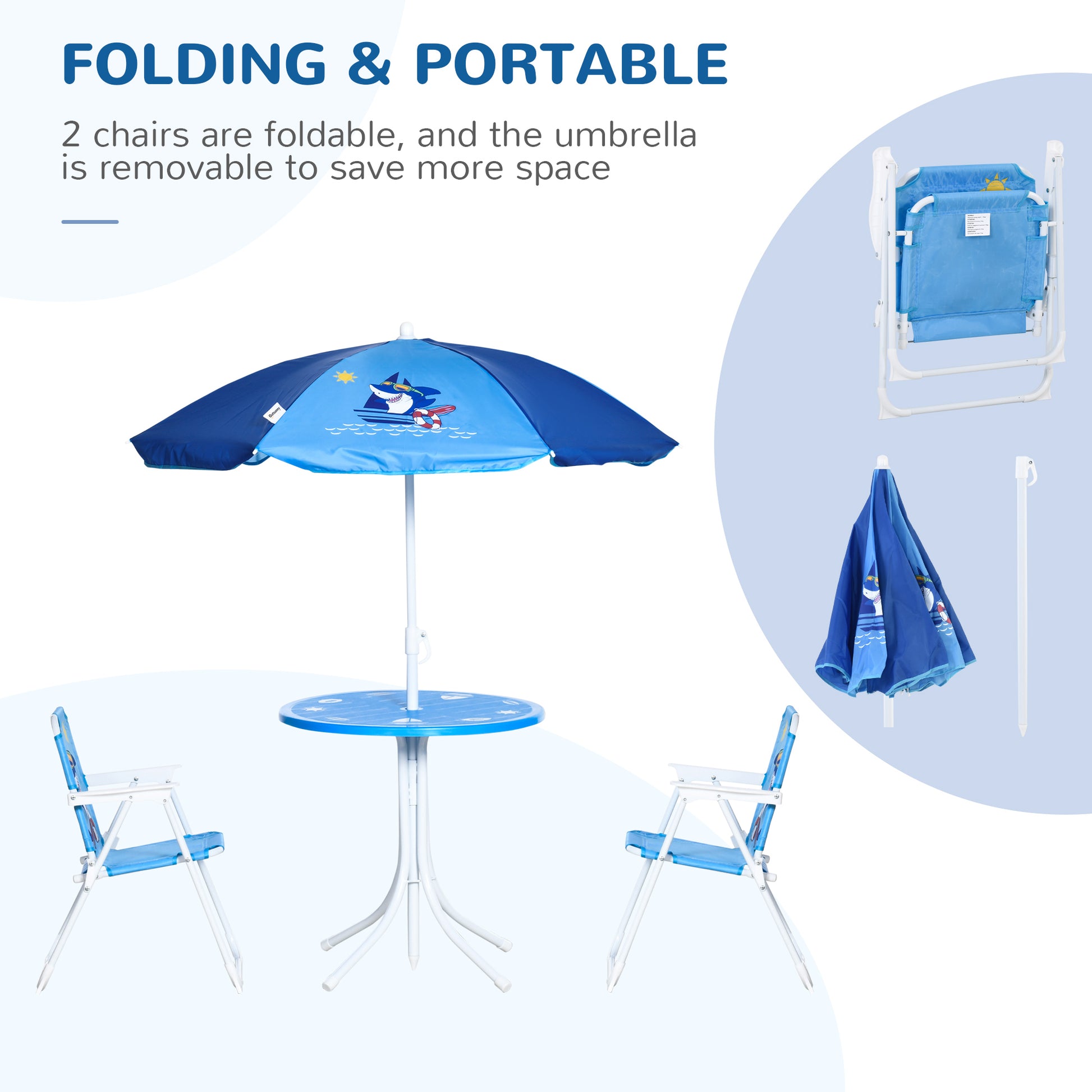 outsunny-kids-picnic-table-chair-set-outdoor-folding-garden-furniture-w-shark-design-removable-adjustable-sun-umbrella-ages-3-6-years-blue
