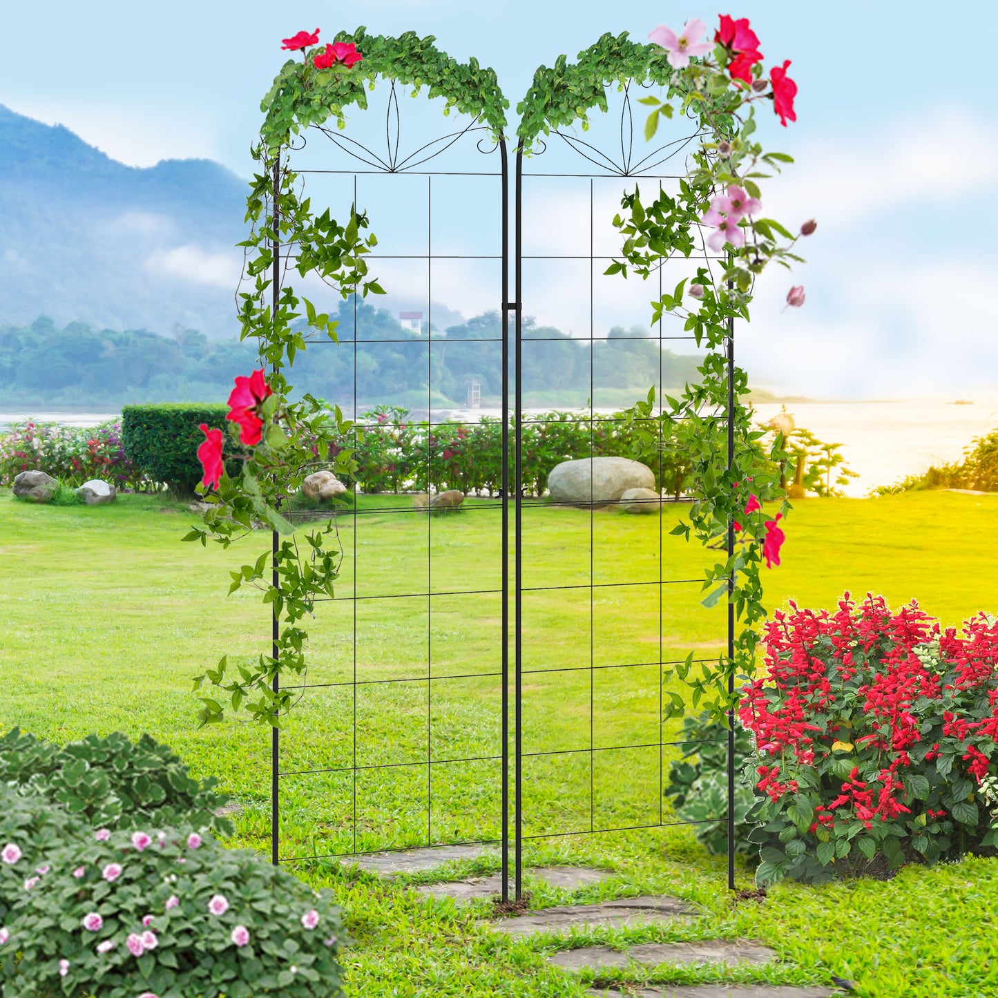 outsunny-metal-trellis-set-of-2-garden-trellis-for-climbing-plants-support-frames-grid-design